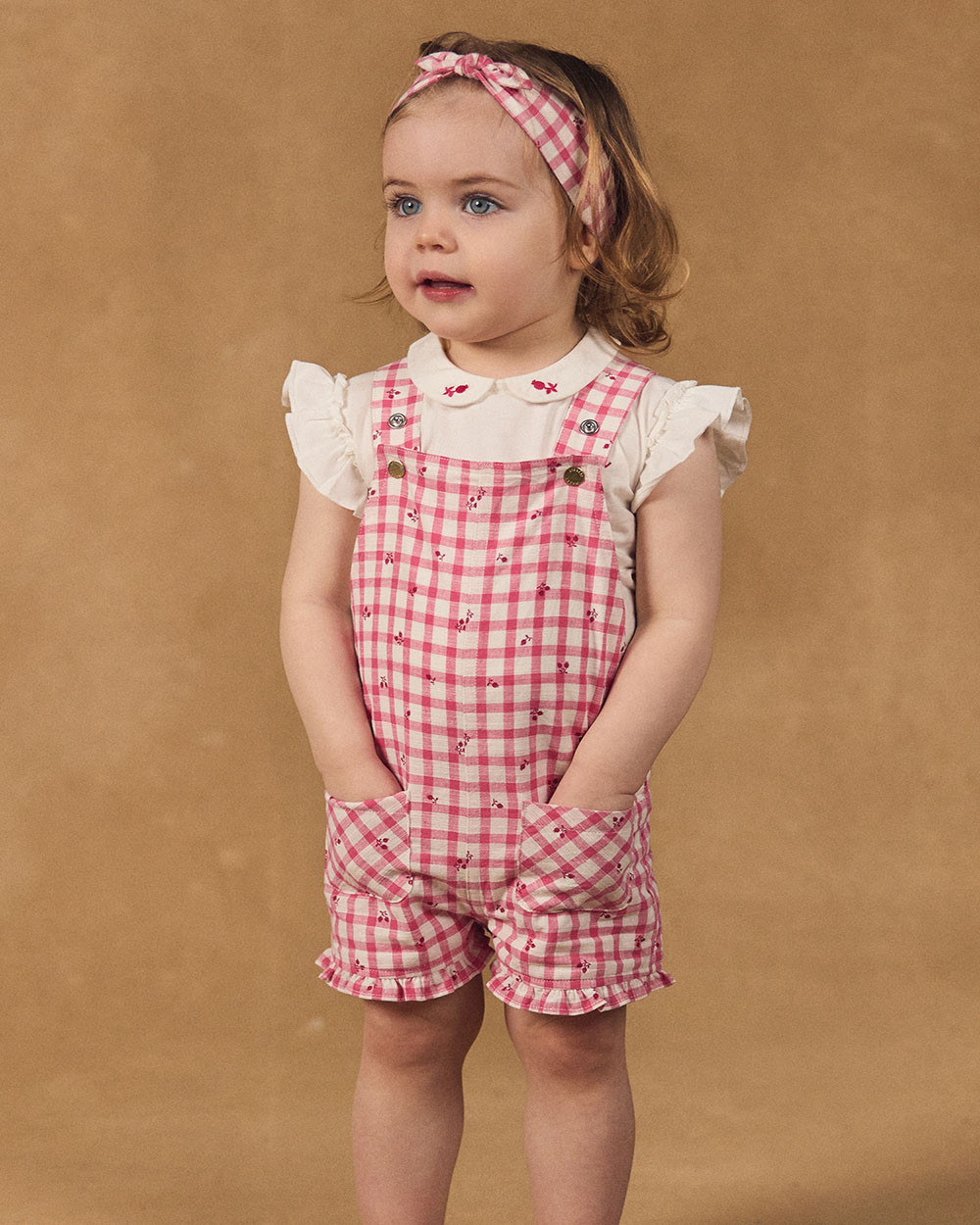 Short gingham overalls with ruffles Pink colour  Sergent Major