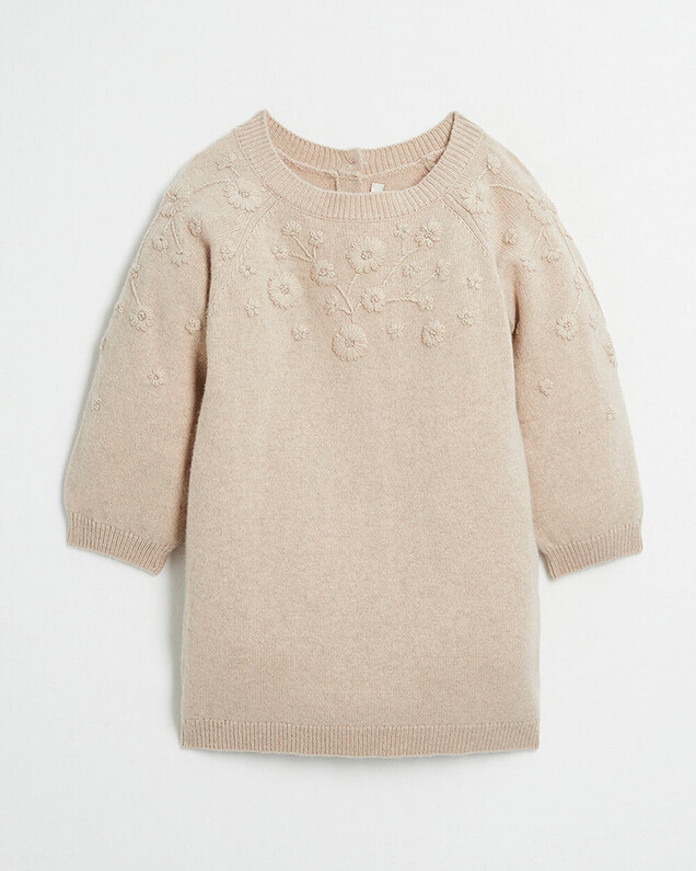Embroidered Merino wool dress Mottled beige colour Natalys