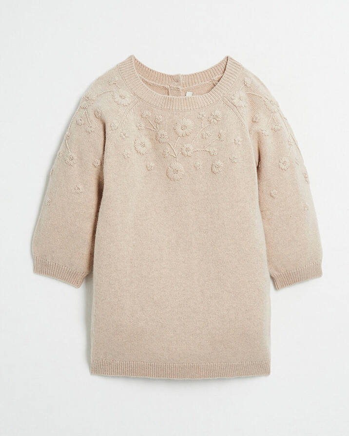 Embroidered Merino wool dress Mottled beige colour  Natalys