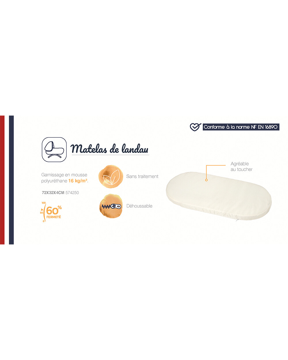 Pram mattress 32x72 cm Removable cover  Candide