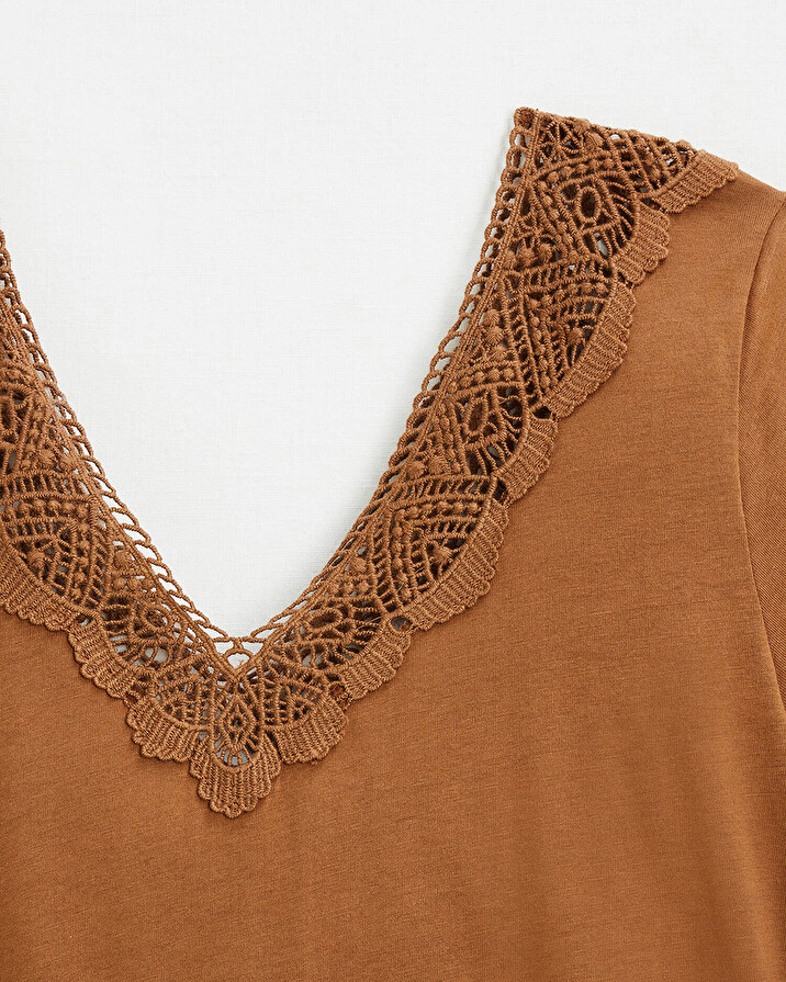Camel lace-finish t-shirt Camel color  Natalys