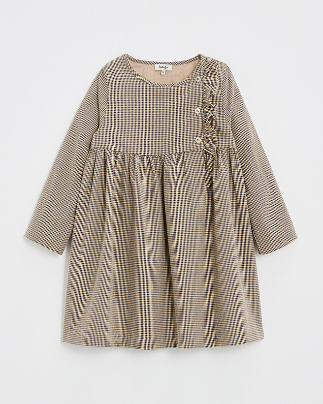 Long-sleeved gingham dress Anthracite grey/beige color Natalys