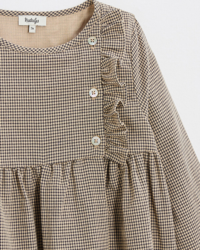 Long-sleeved gingham dress Anthracite grey/beige color Natalys
