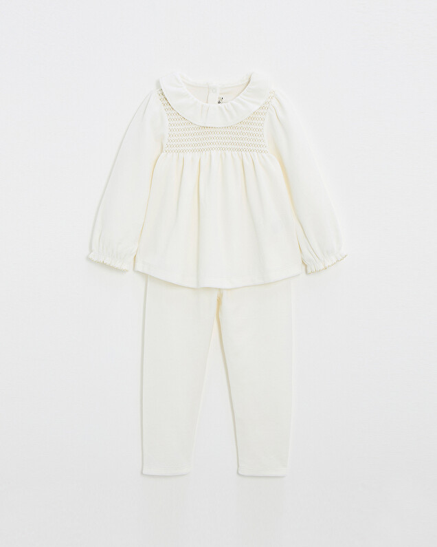 Two-piece pajamas in smocked velvet Ecru color  Natalys