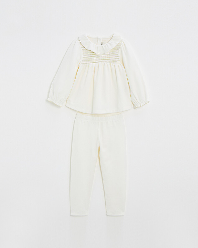 Two-piece pajamas in smocked velvet Ecru color  Natalys