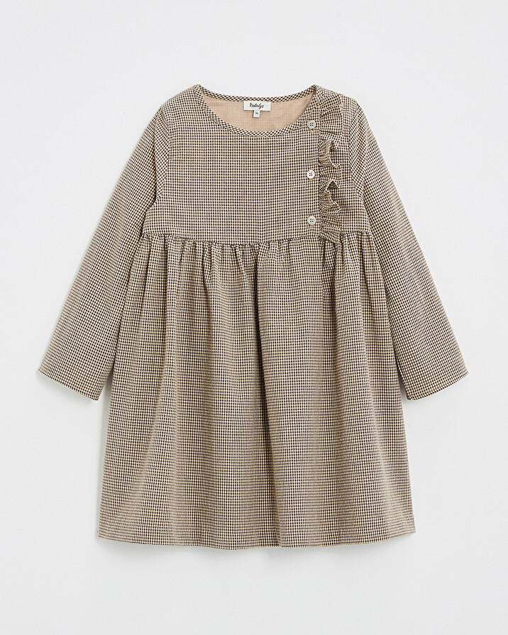 Long-sleeved gingham dress Anthracite grey/beige color  Natalys