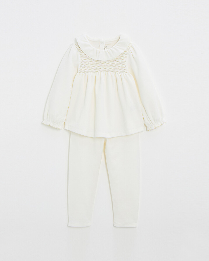 Two-piece pajamas in smocked velvet Ecru color  Natalys