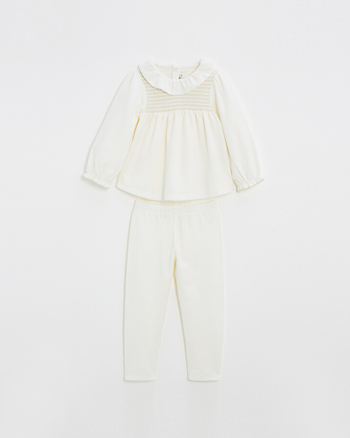 Two-piece pajamas in smocked velvet Ecru color  Natalys