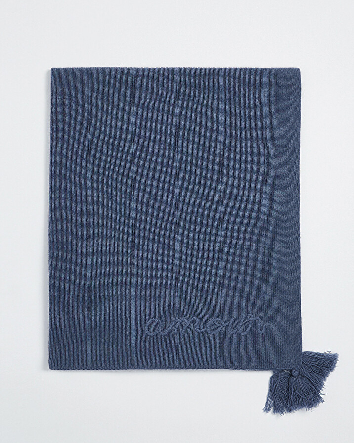 Embroidered Merino wool blanket Blue color  Natalys