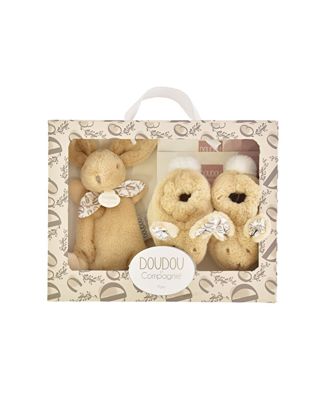 Gift box slippers and cuddly toy 15 cm Beige color  Doudou et Compagnie