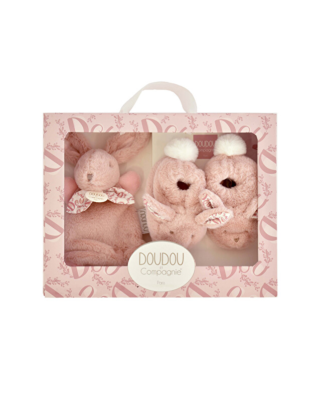 Gift box slippers and cuddly toy 15 cm Pink color Doudou et Compagnie