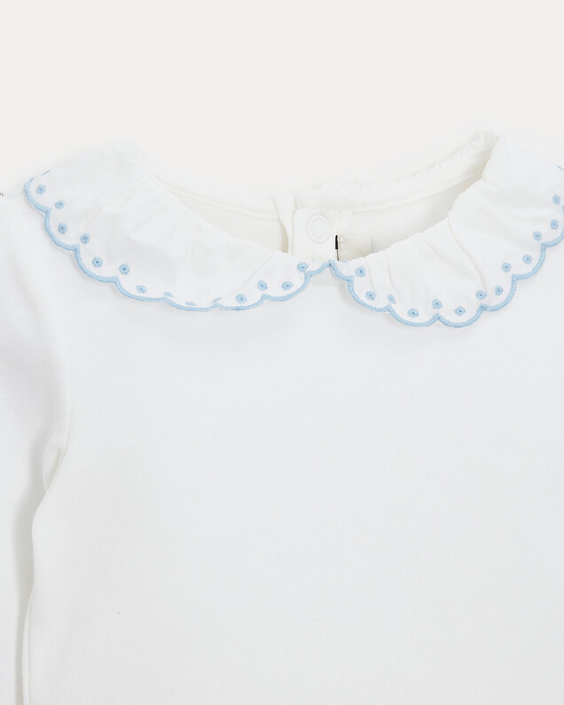 Lily long-sleeved bodysuit with embroidered collar Off-white colour/bleu ciel  Natalys