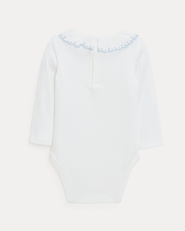 Lily long-sleeved bodysuit with embroidered collar Off-white colour/bleu ciel  Natalys