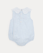 Chloe romper with embroidered collar Blue sky stripes print  Natalys