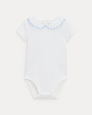 Jeanne short-sleeved bodysuit with embroidered collar Off-white colour/bleu ciel  Natalys