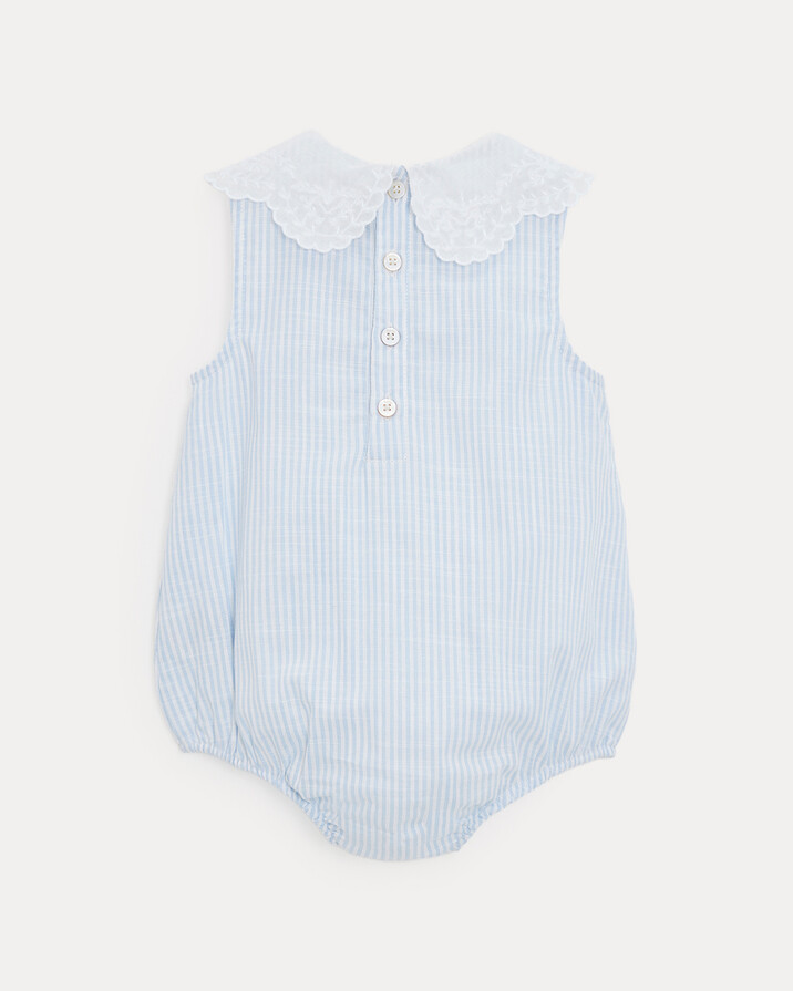 Chloe romper with embroidered collar Blue sky stripes print  Natalys