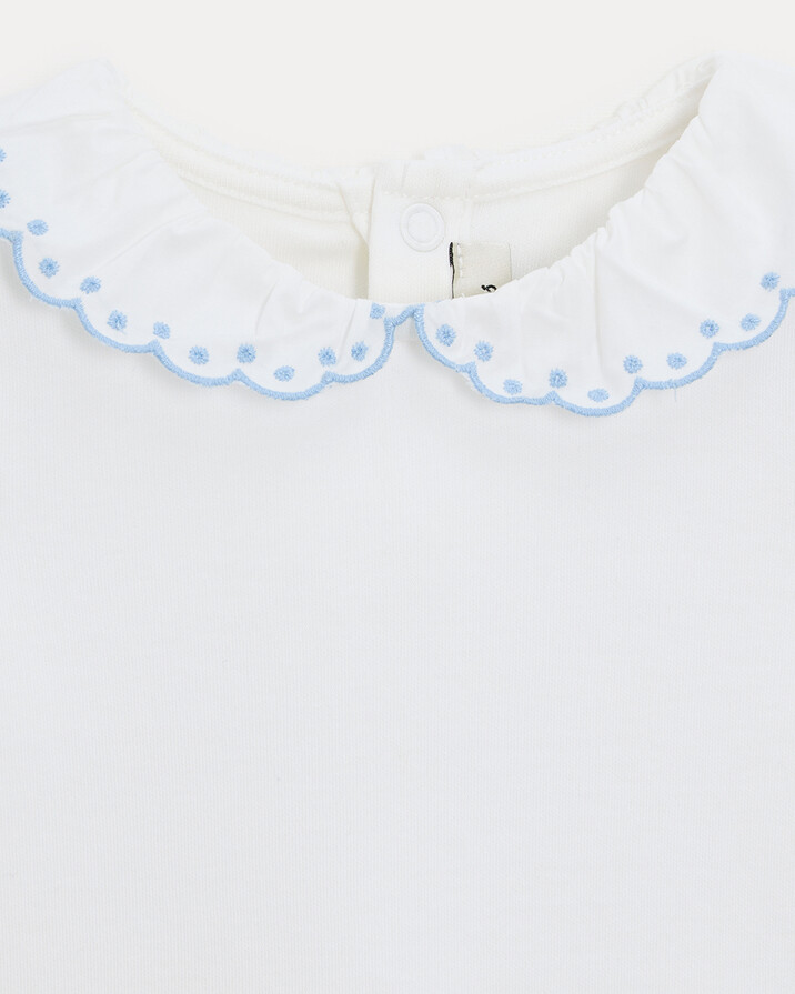 Jeanne short-sleeved bodysuit with embroidered collar Off-white colour/bleu ciel  Natalys