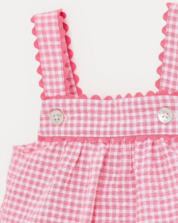 Maxine seersucker romper with straps Pomegranate gingham print  Natalys