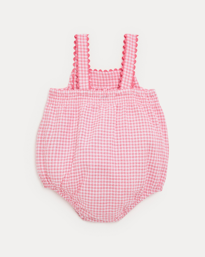 Maxine seersucker romper with straps Pomegranate gingham print  Natalys